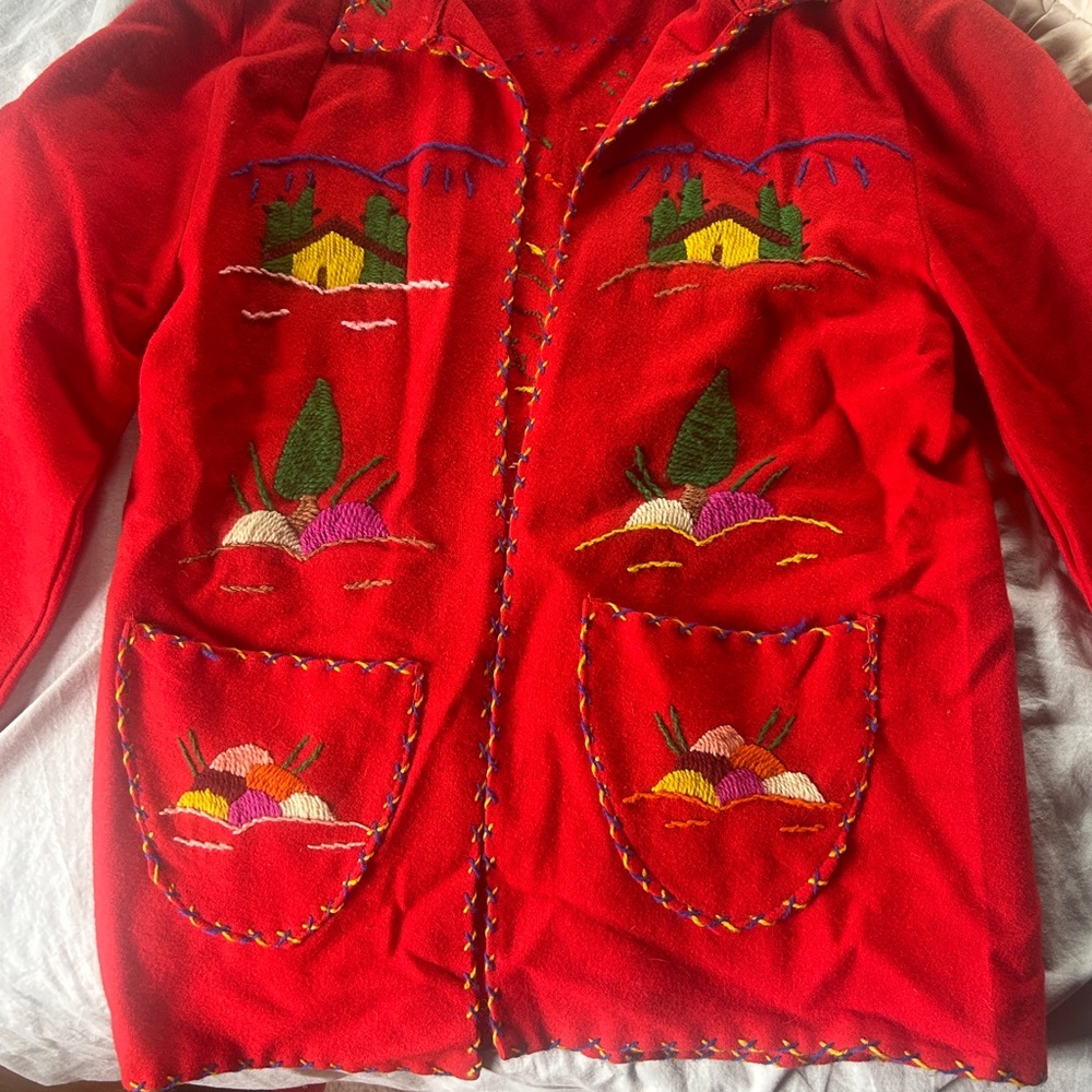 Vintage 1940’s Mexican travelers coat from Mexico.  Red Embroidered